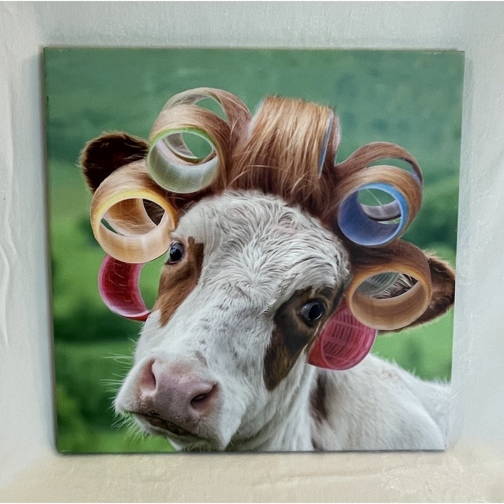 Cow in Curlers Canvas Wall Decor 18x18" Farmhouse Artwork